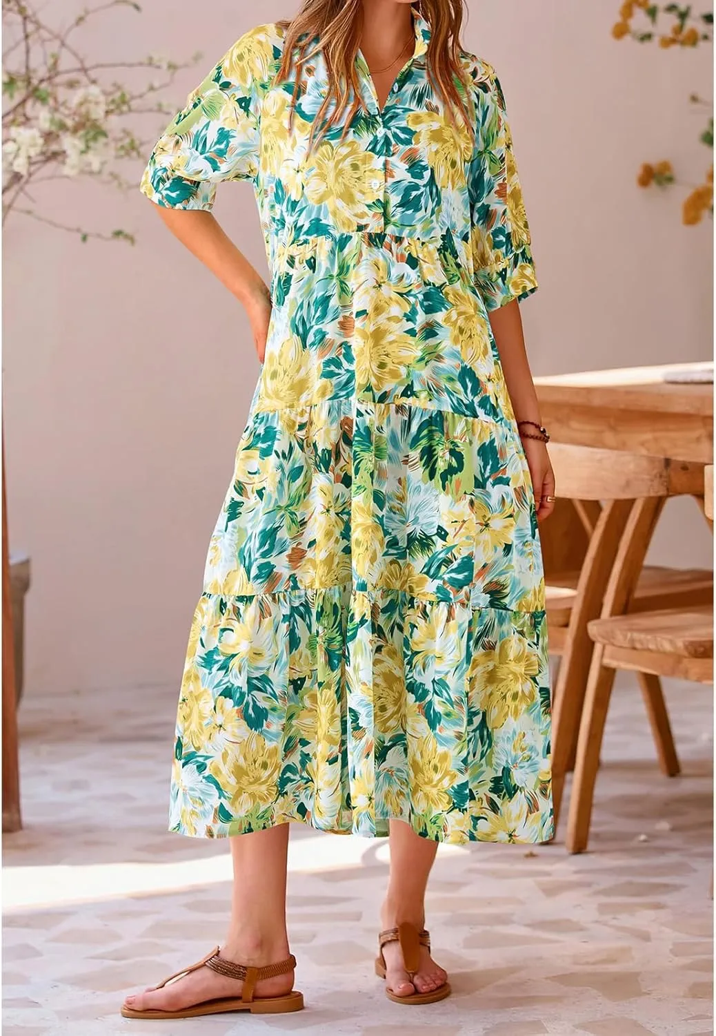 Summer Dresses for Women 2025 Button Down Coolared Shirts Maxi Dress Boho Floral Sundress with Pocket Maxi