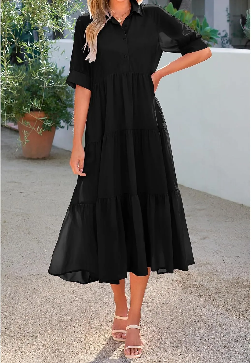 Summer Dresses for Women 2025 Button Down Coolared Shirts Maxi Dress Boho Floral Sundress with Pocket Maxi