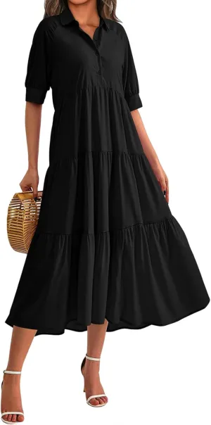 Summer Dresses for Women 2025 Button Down Coolared Shirts Maxi Dress Boho Floral Sundress with Pocket Maxi