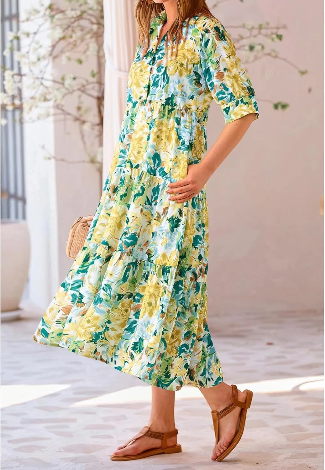 Summer Dresses for Women 2025 Button Down Coolared Shirts Maxi Dress Boho Floral Sundress with Pocket Maxi