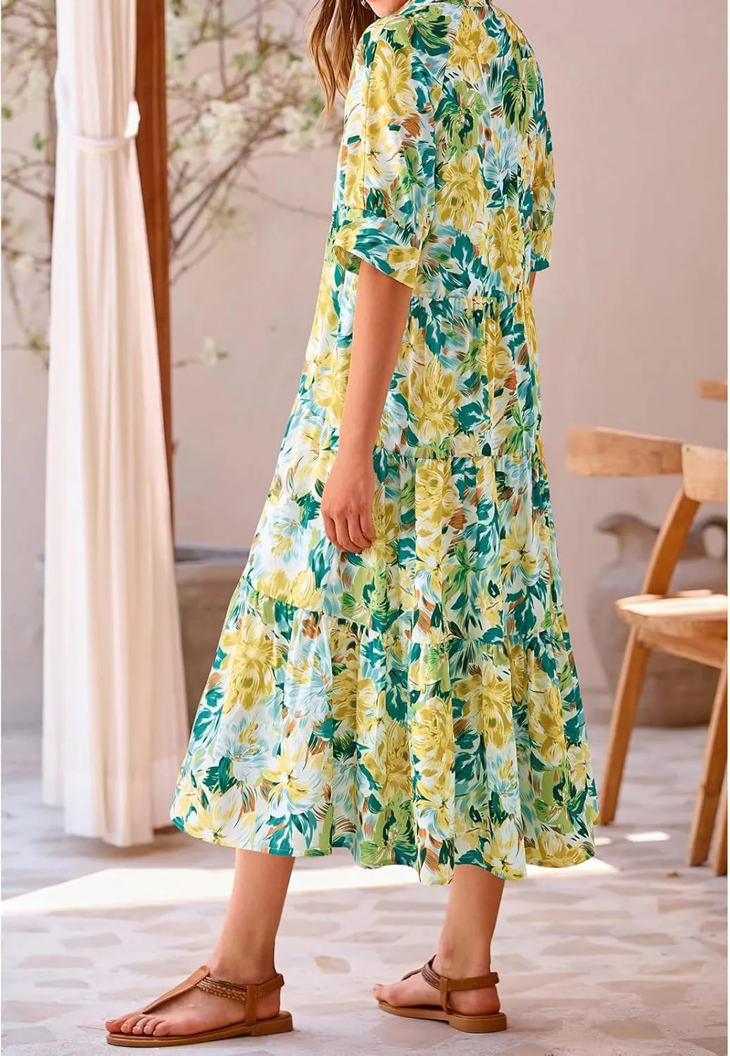 Summer Dresses for Women 2025 Button Down Coolared Shirts Maxi Dress Boho Floral Sundress with Pocket Maxi