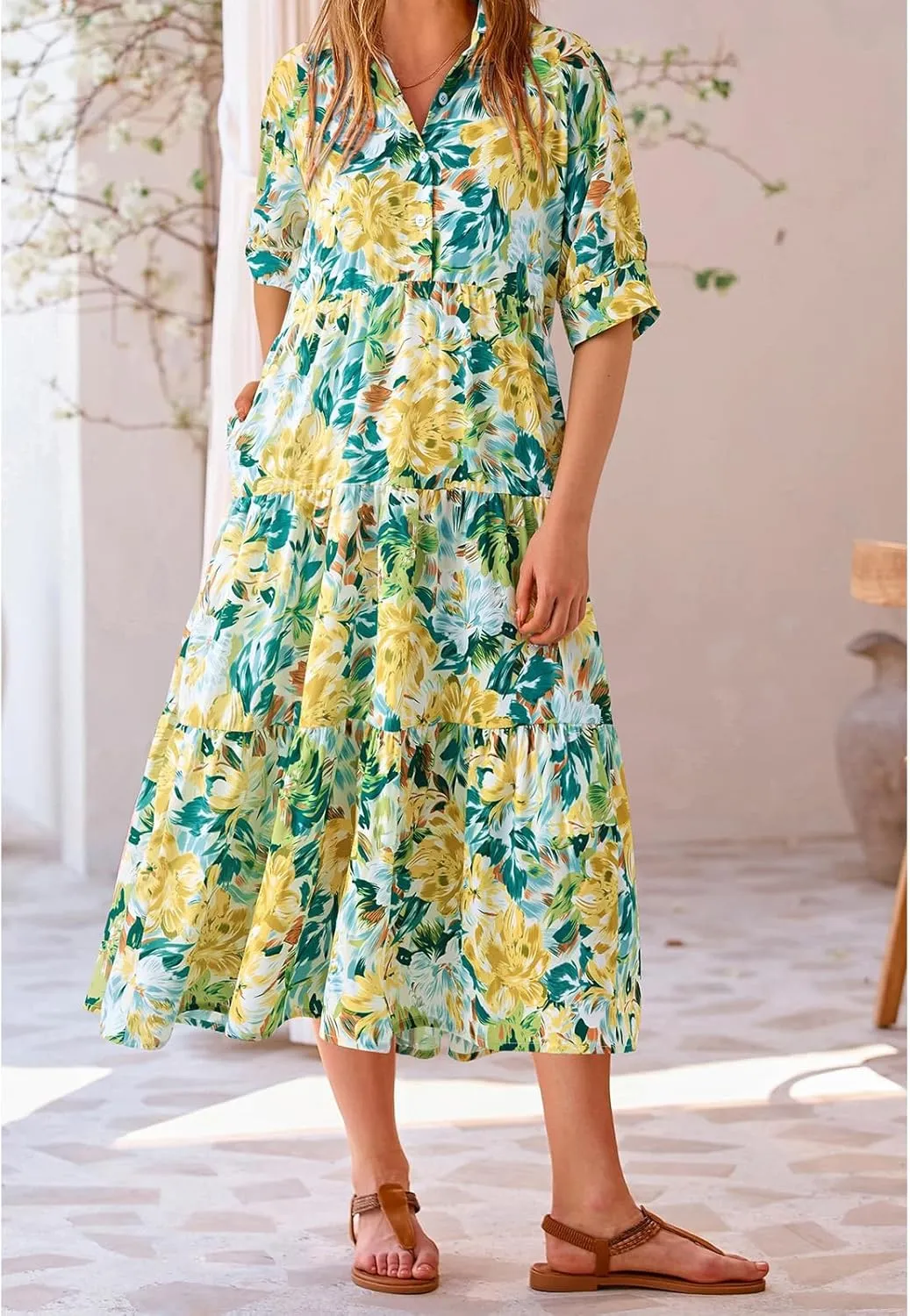 Summer Dresses for Women 2025 Button Down Coolared Shirts Maxi Dress Boho Floral Sundress with Pocket Maxi