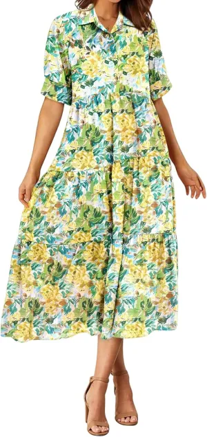 Summer Dresses for Women 2025 Button Down Coolared Shirts Maxi Dress Boho Floral Sundress with Pocket Maxi
