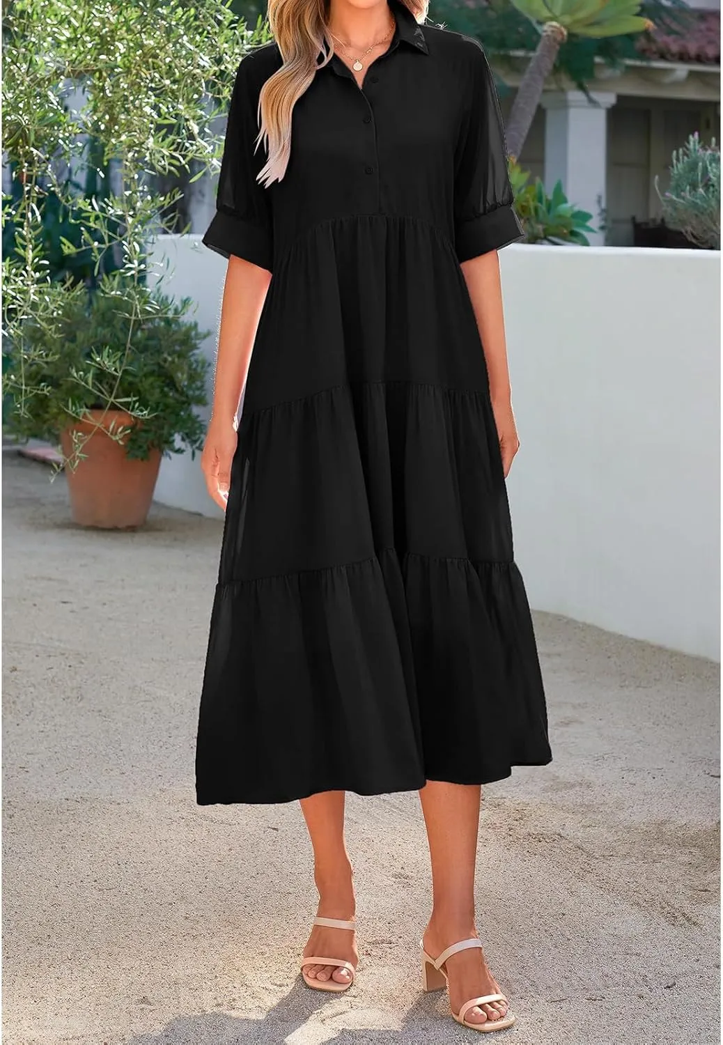 Summer Dresses for Women 2025 Button Down Coolared Shirts Maxi Dress Boho Floral Sundress with Pocket Maxi
