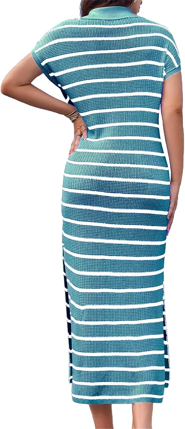 Summer Dresses for Women 2025 Short Sleeve V Neck Collared Dress Striped Knit Dresses Loose Maxi Sweater Dress
