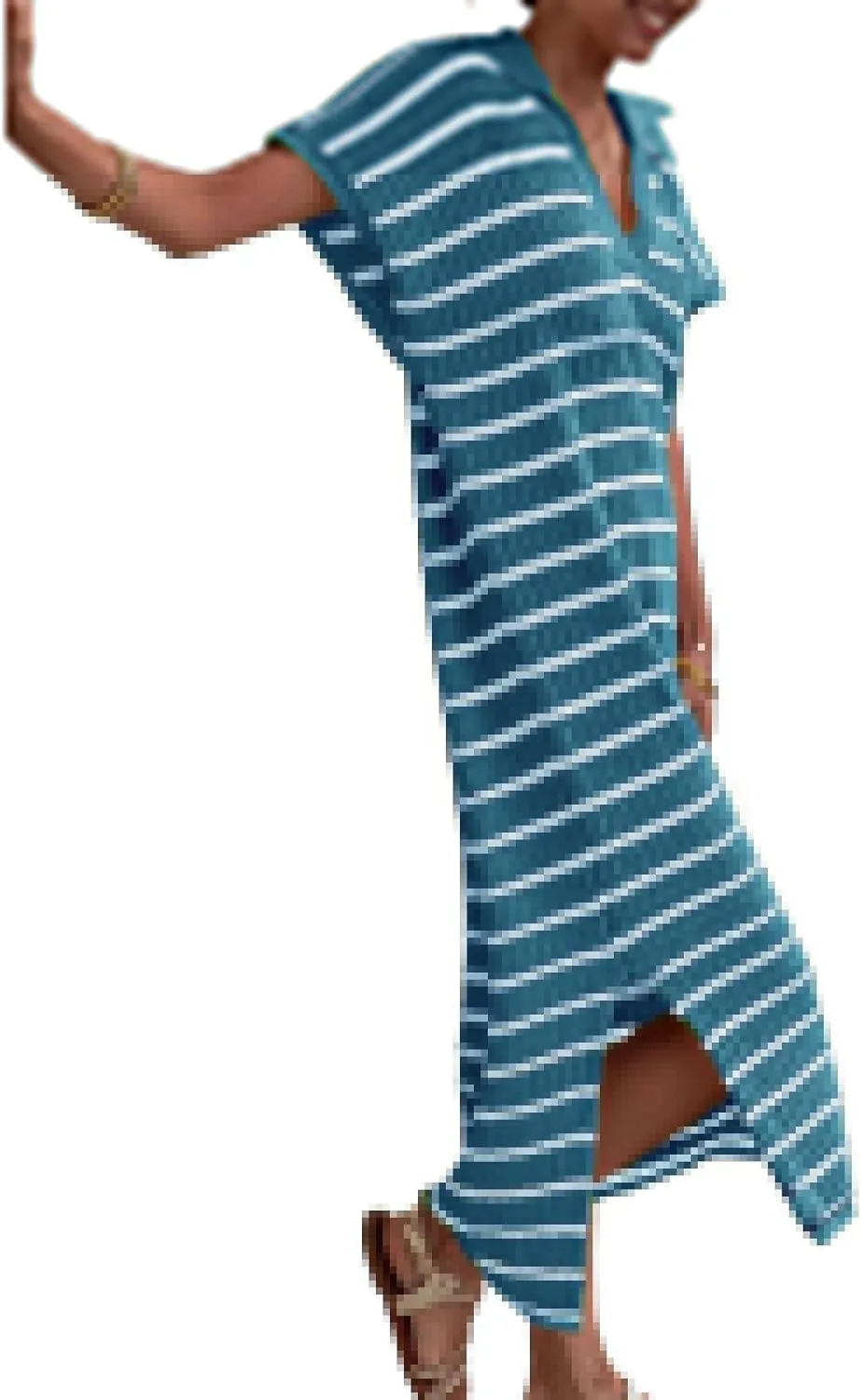 Summer Dresses for Women 2025 Short Sleeve V Neck Collared Dress Striped Knit Dresses Loose Maxi Sweater Dress