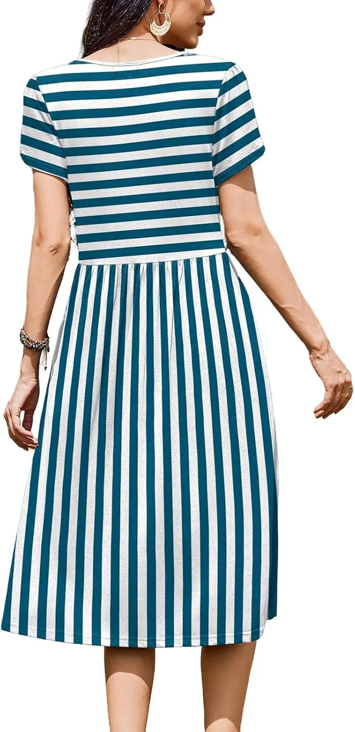 Summer Dresses for Women Boho Sundress Crew Neck Short Sleeve Fashion Floral High Waist Dresses Ruffle Hem Dress 2025