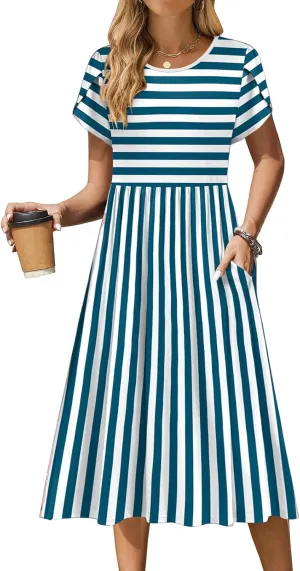 Summer Dresses for Women Boho Sundress Crew Neck Short Sleeve Fashion Floral High Waist Dresses Ruffle Hem Dress 2025