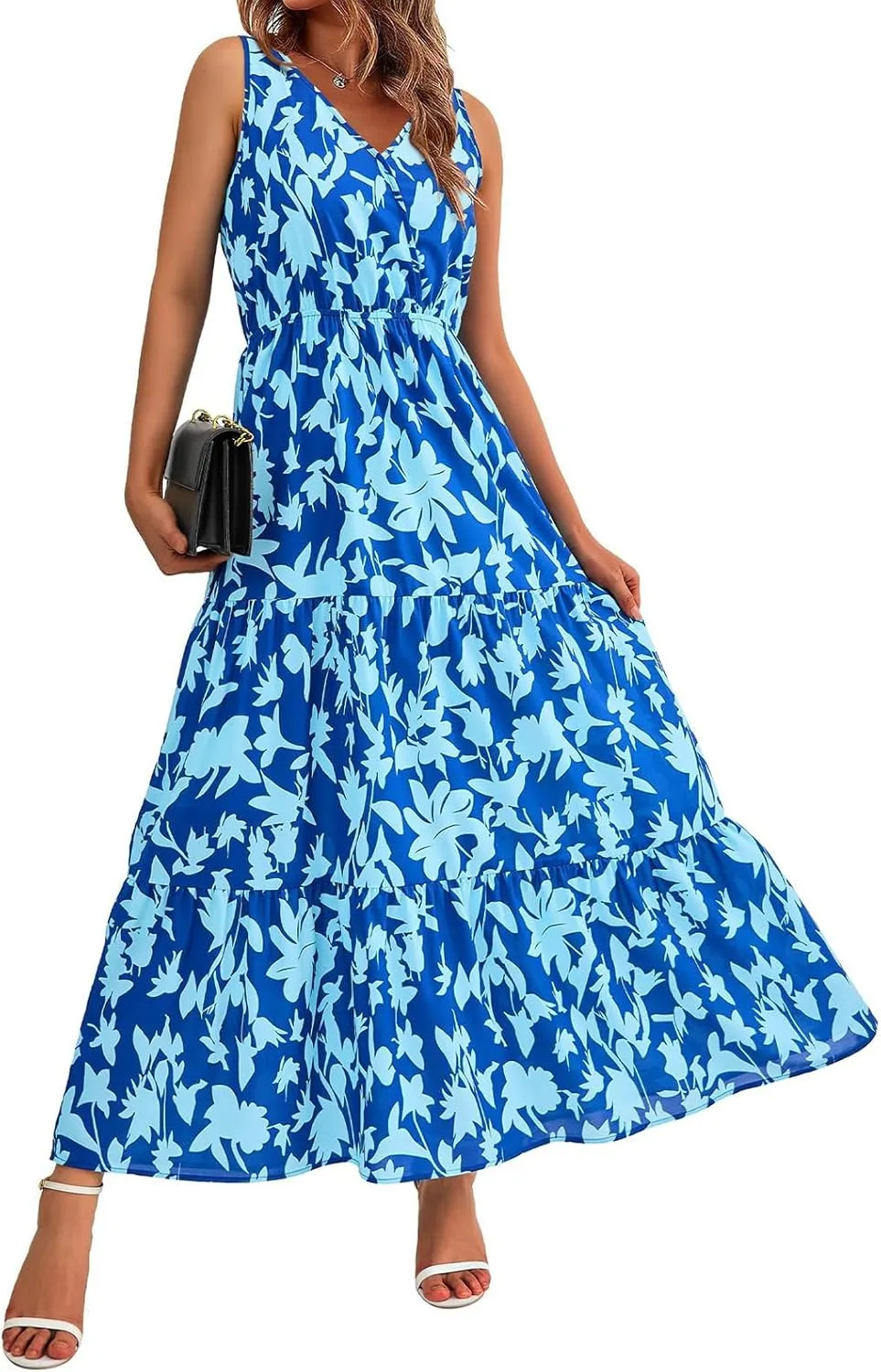 Summer Womens Dresses Sleeveless V Neck Elastic Waist Maxi Dress Floral Ruffle Swing Sundress Wedding Guest Dresses