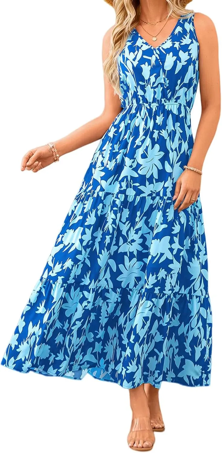 Summer Womens Dresses Sleeveless V Neck Elastic Waist Maxi Dress Floral Ruffle Swing Sundress Wedding Guest Dresses
