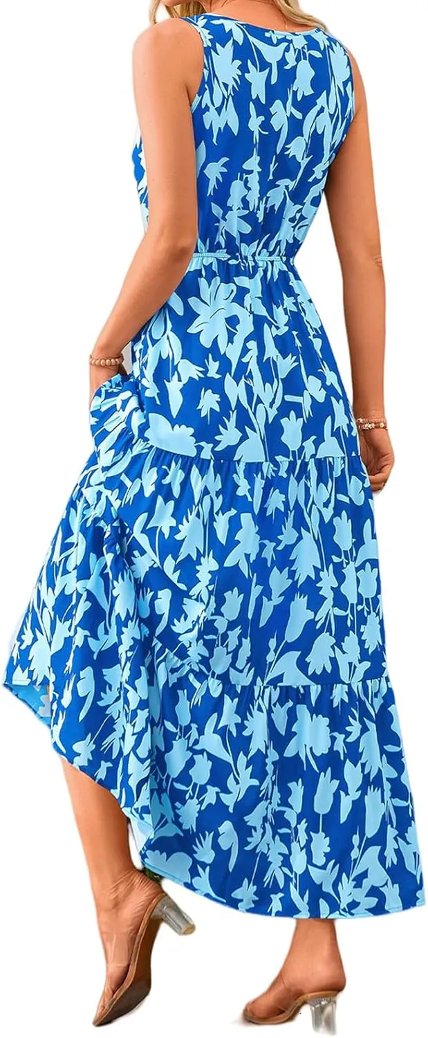 Summer Womens Dresses Sleeveless V Neck Elastic Waist Maxi Dress Floral Ruffle Swing Sundress Wedding Guest Dresses