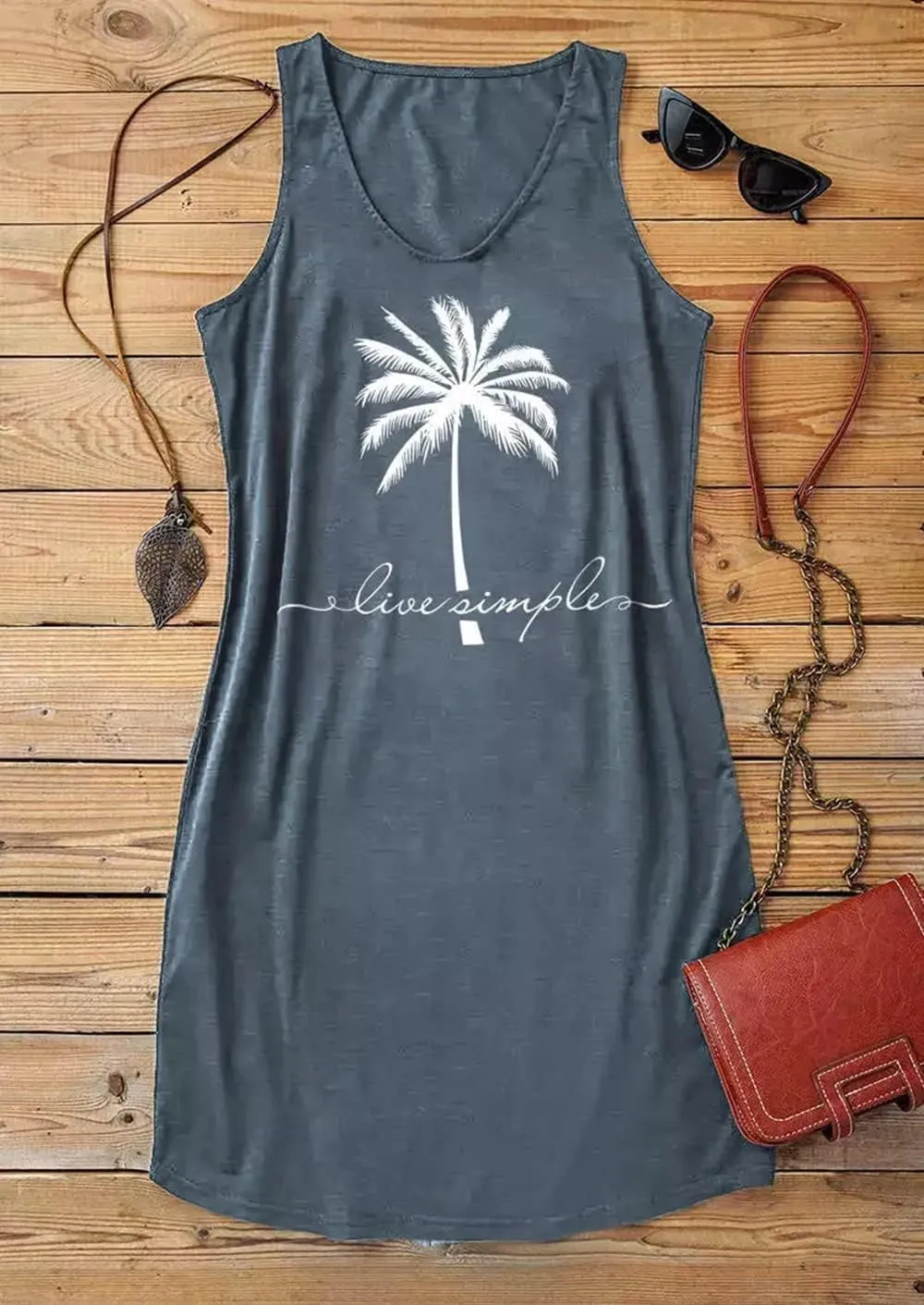 Sun Salt Sand Coconut Tree Tank Mini Dress Vacation Outfits for Women Beach Praty Sundress Cruise Outfits Shirt Dress