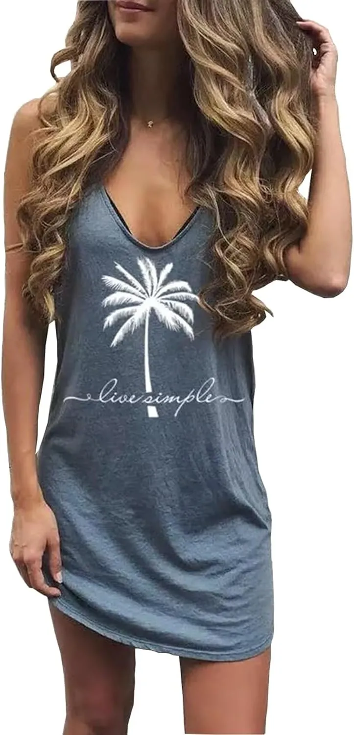Sun Salt Sand Coconut Tree Tank Mini Dress Vacation Outfits for Women Beach Praty Sundress Cruise Outfits Shirt Dress