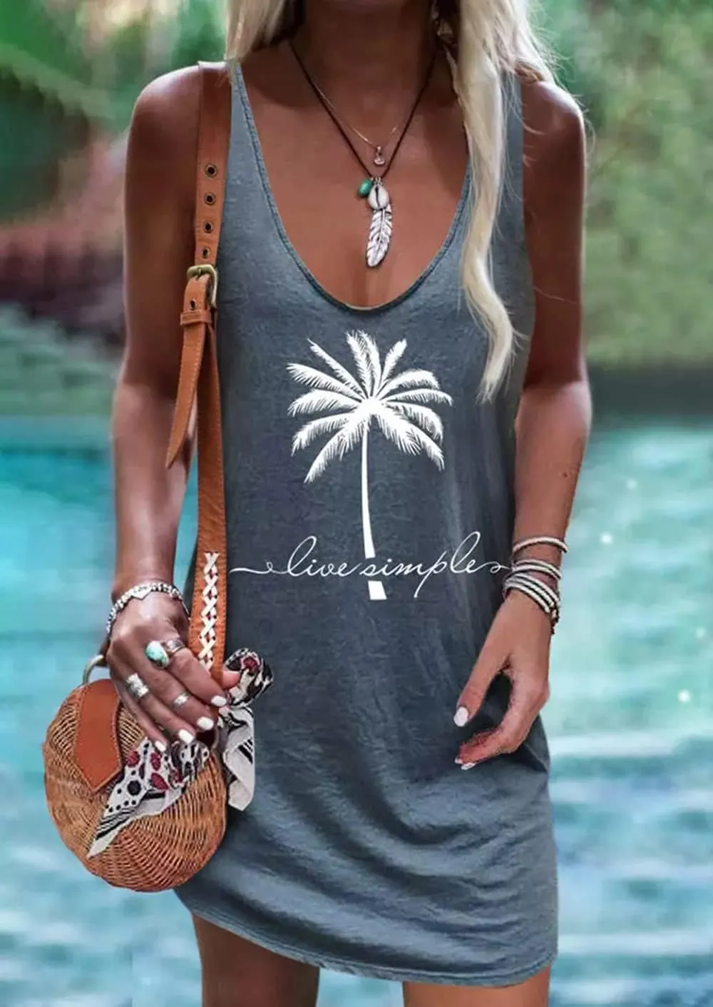 Sun Salt Sand Coconut Tree Tank Mini Dress Vacation Outfits for Women Beach Praty Sundress Cruise Outfits Shirt Dress