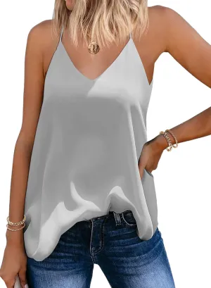 SUNAELIA Tank Tops for Women Chiffon V Neck Loose Fit Going Out Camisole Tops Shirt Extender for Layering Light Grey