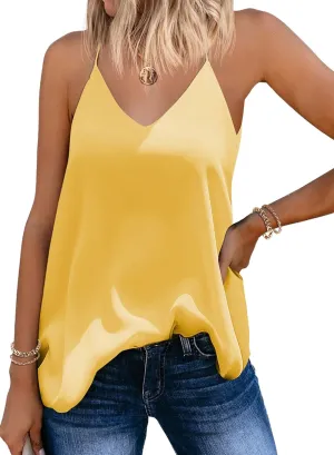 SUNAELIA Women's Summer Chiffon Tops and Blouses V Neck Tank Tops Loose Fit Flowy Spaghetti Strap Camisole Casual Sleeveless Shirts Yellow Small