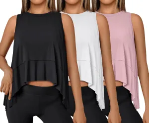 SUNBS 3 Pack Womens Tank Tops Crop Workout Top Sleeveless Athletic Crewneck T Shirts Loose Fit Summer Yoga Gym Outfits