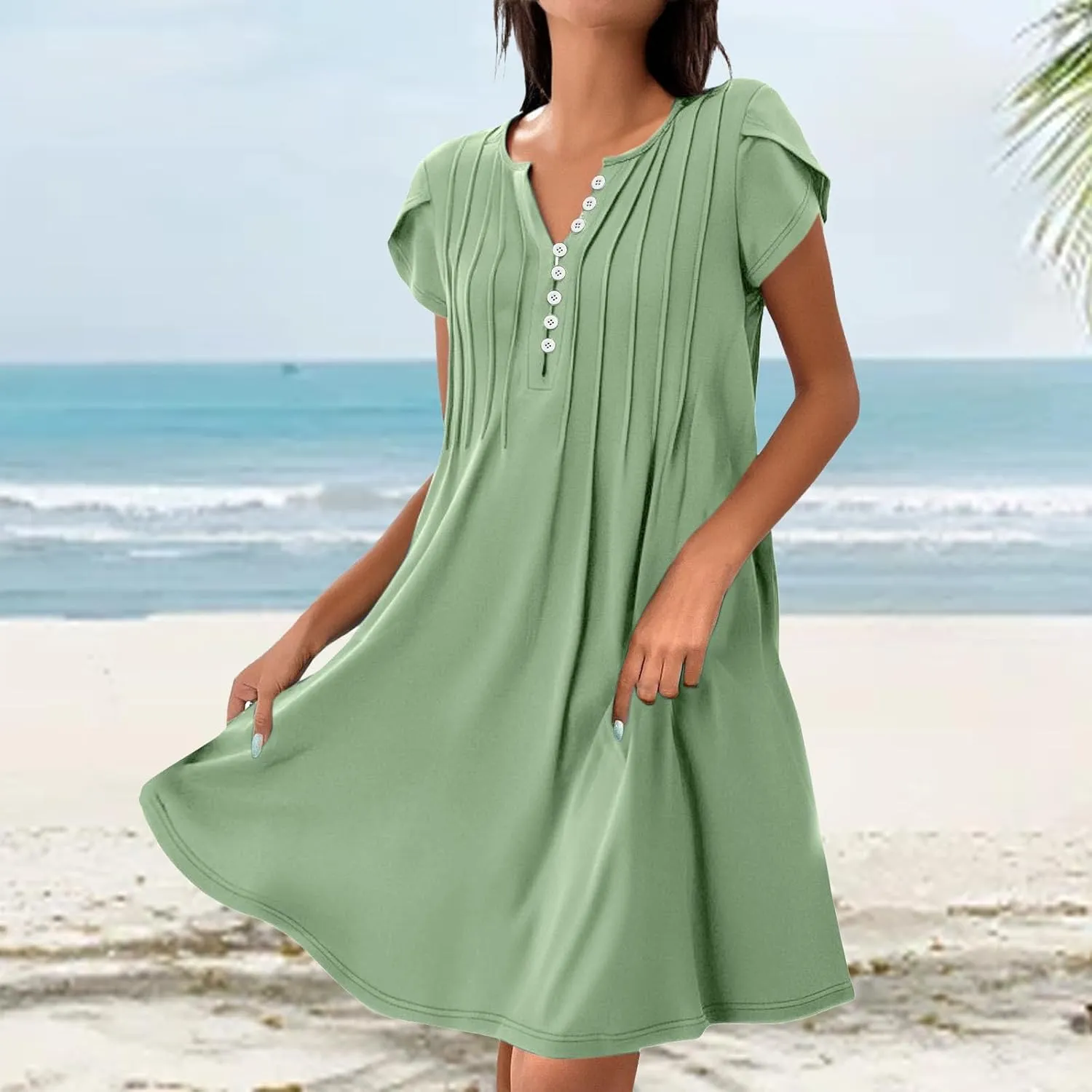Sundresses for Women Summer Casual Beach Dresses 2025 Vacation Swim Cover Up V Neck Summer Dress Button Mini Dresses