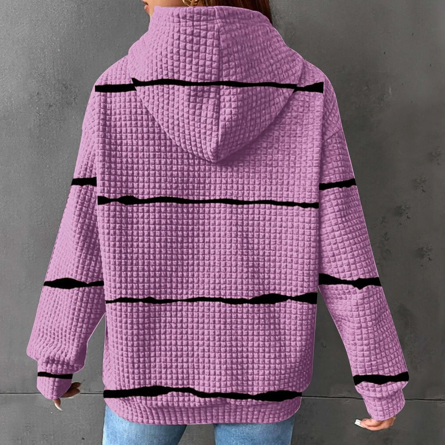 Sweatshirt for Womens Fashion Waffle Long Sleeve Striped Hoodies Casual Loose Lightweight Drawstring Pullover Shirts