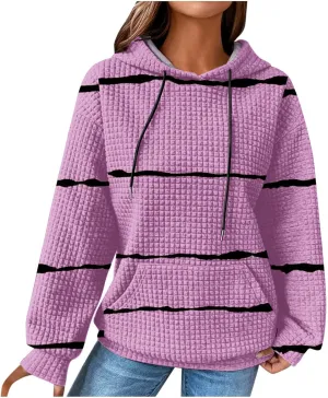 Sweatshirt for Womens Fashion Waffle Long Sleeve Striped Hoodies Casual Loose Lightweight Drawstring Pullover Shirts