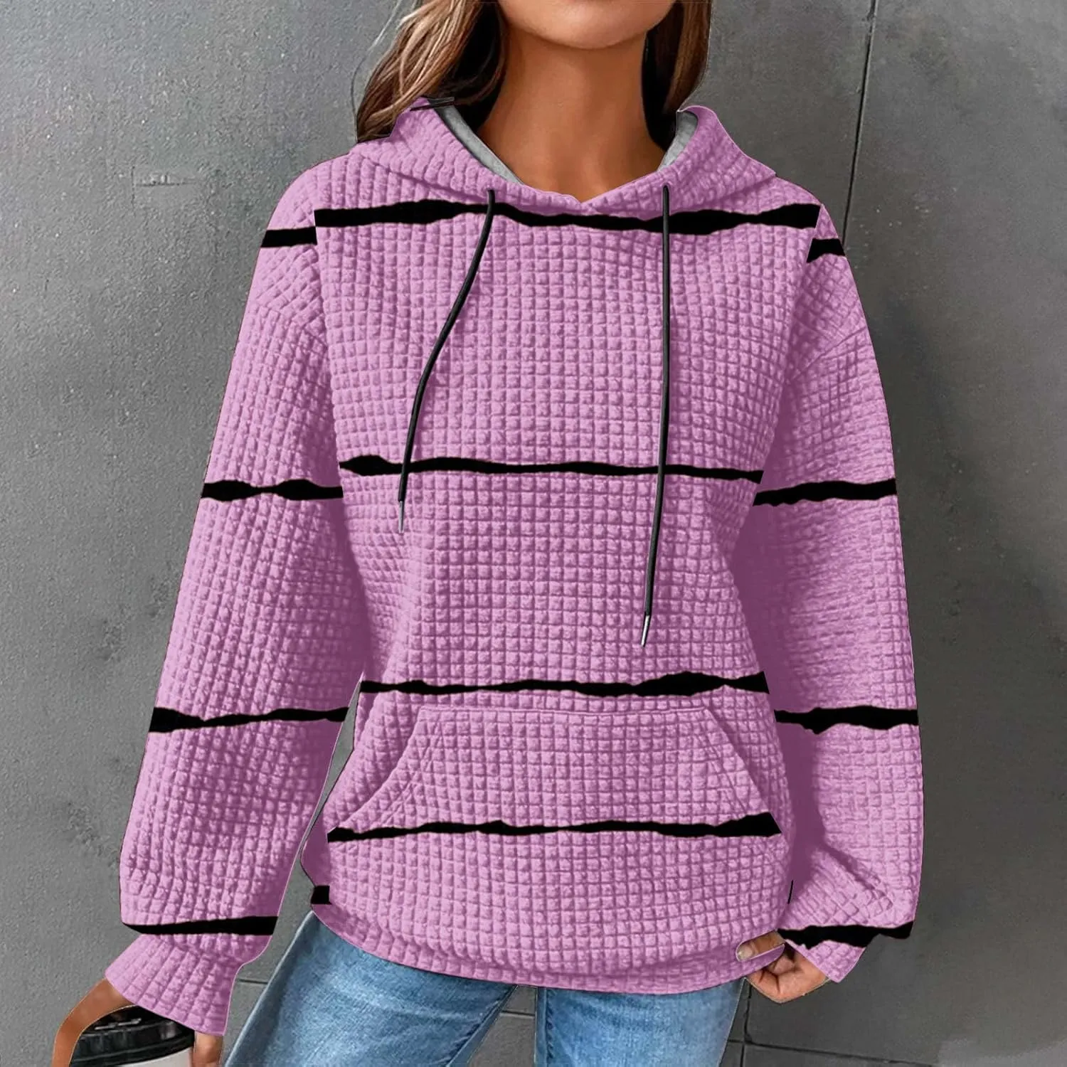 Sweatshirt for Womens Fashion Waffle Long Sleeve Striped Hoodies Casual Loose Lightweight Drawstring Pullover Shirts