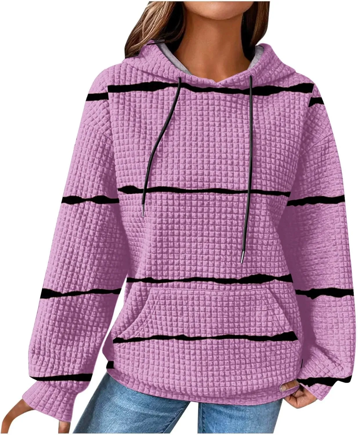 Sweatshirt for Womens Fashion Waffle Long Sleeve Striped Hoodies Casual Loose Lightweight Drawstring Pullover Shirts