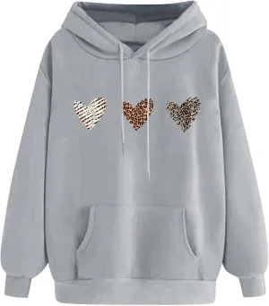 Sweatshirts for Women Casual Long Sleeve Heart Graphic Hoodies Cute Drawstring Oversized Pullover Tops with Pocket
