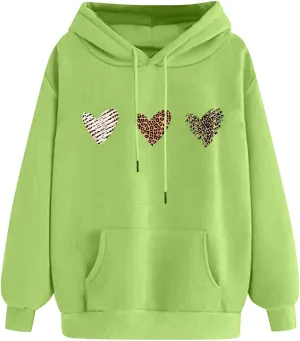 Sweatshirts for Women Casual Long Sleeve Heart Graphic Hoodies Cute Drawstring Oversized Pullover Tops with Pocket