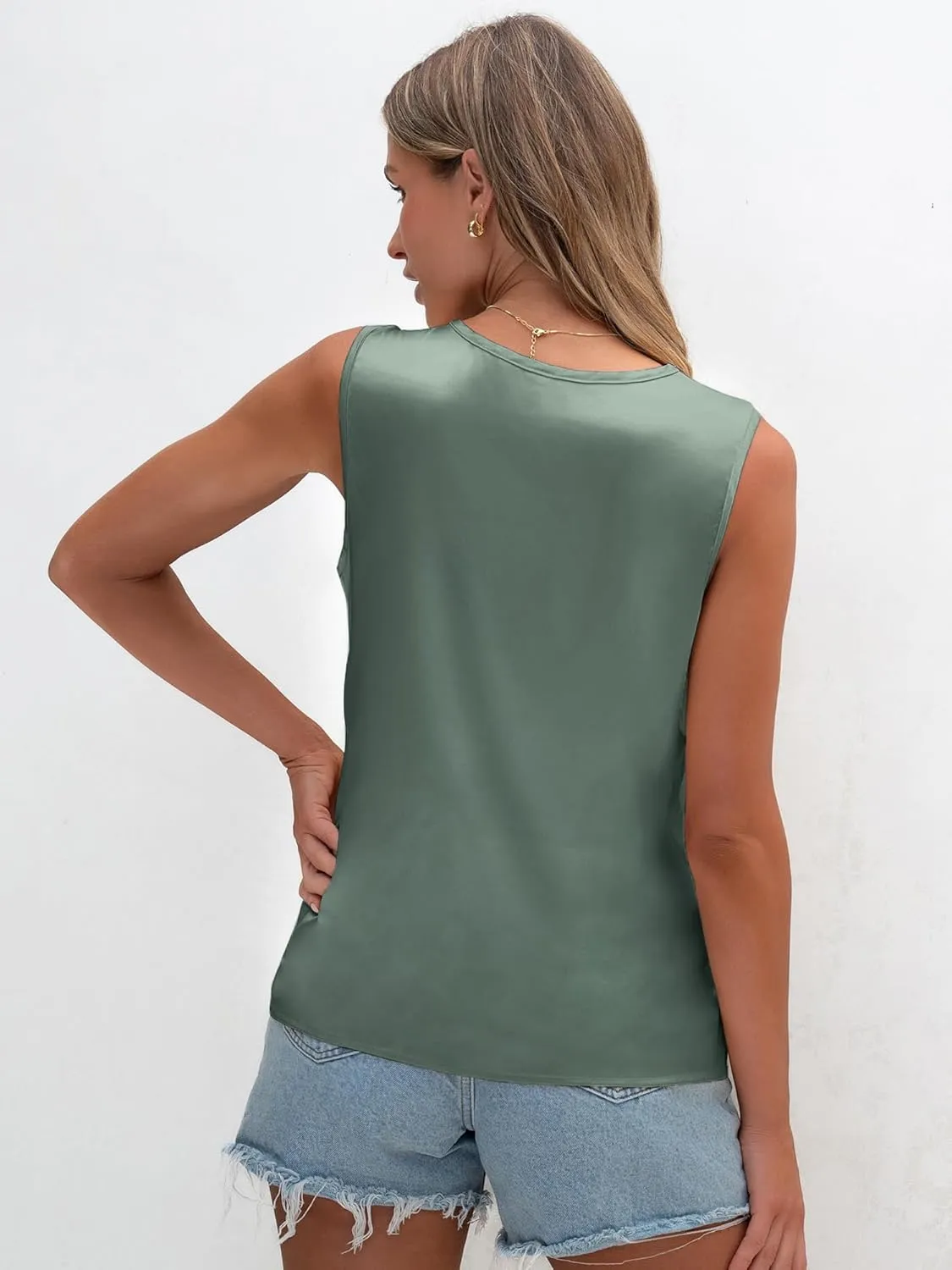TAKEYAL Womens Summer Satin Tank Tops V Neck Sleeveless Dressy Shirts Casual Loose Tunic Tops Blouses