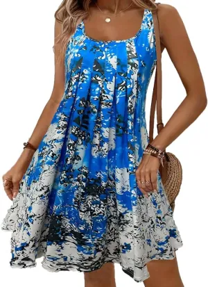 Tank Dress for Women Summer Casual Floral Mini Dress Sleeveless Square Neck Pleated Loose Swing Beach Vacation Sundresses