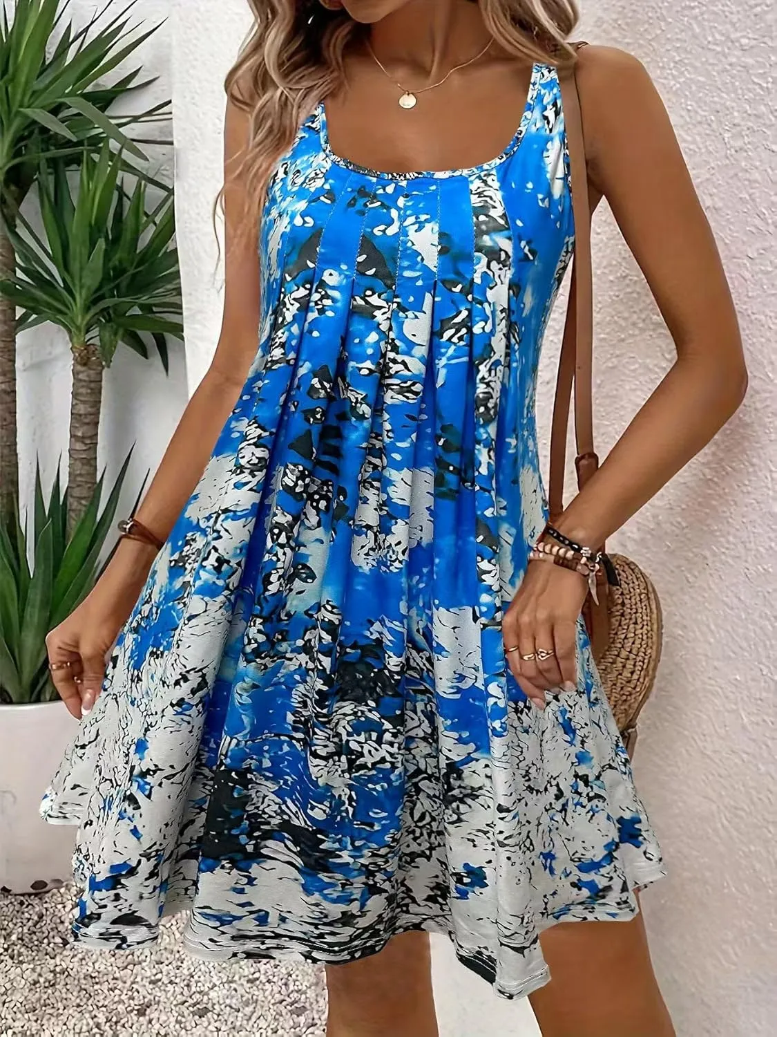 Tank Dress for Women Summer Casual Floral Mini Dress Sleeveless Square Neck Pleated Loose Swing Beach Vacation Sundresses