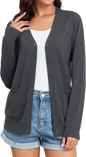 TASAMO Women's Lightweight Button Down Cardigan Sweaters Long Sleeve Classic V Neck Knit Soft Shrugs with Pocket