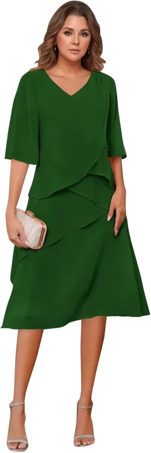 Tea Length Mother of The Bride Dresses for Women Ruffle Chiffon Prom Gown Short Sleeves Evening Party Gown Wedding