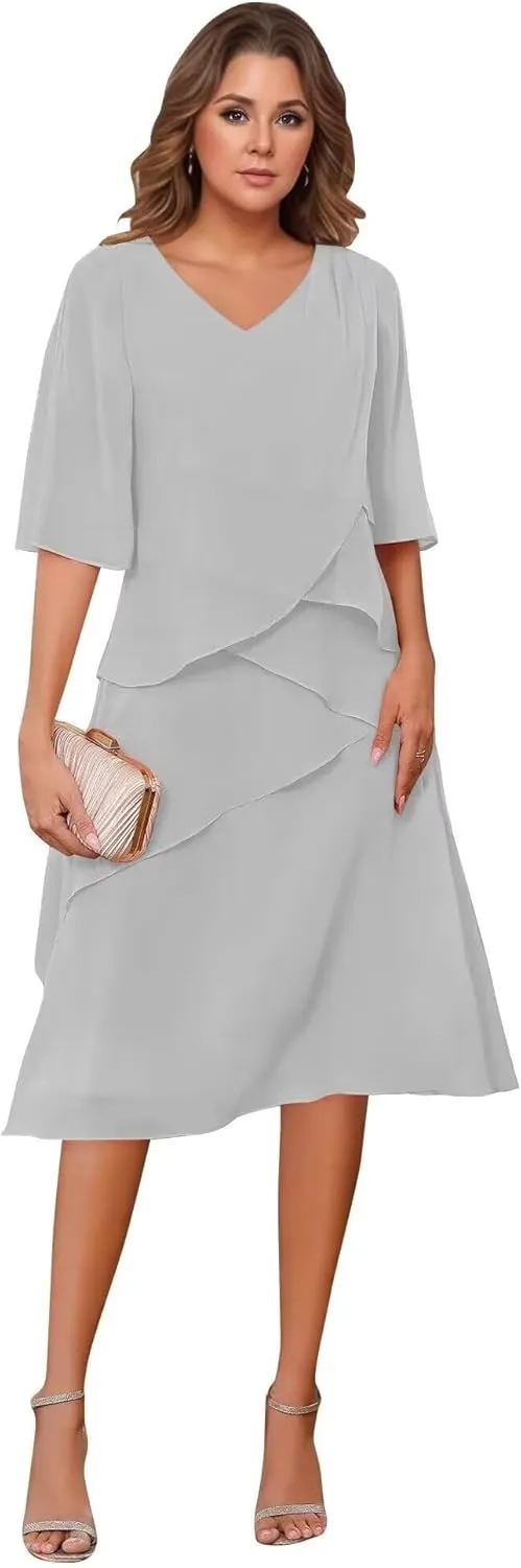 Tea Length Mother of The Bride Dresses for Women Ruffle Chiffon Prom Gown Short Sleeves Evening Party Gown Wedding