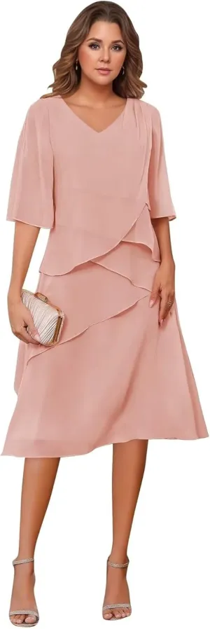 Tea Length Mother of The Bride Dresses for Women Ruffle Chiffon Prom Gown Short Sleeves Evening Party Gown Wedding