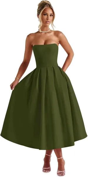 Tea Length Satin Prom Dresses 2025 Strapless Wedding Dress for Bride A Line Formal Evening Party Gown with Pockets