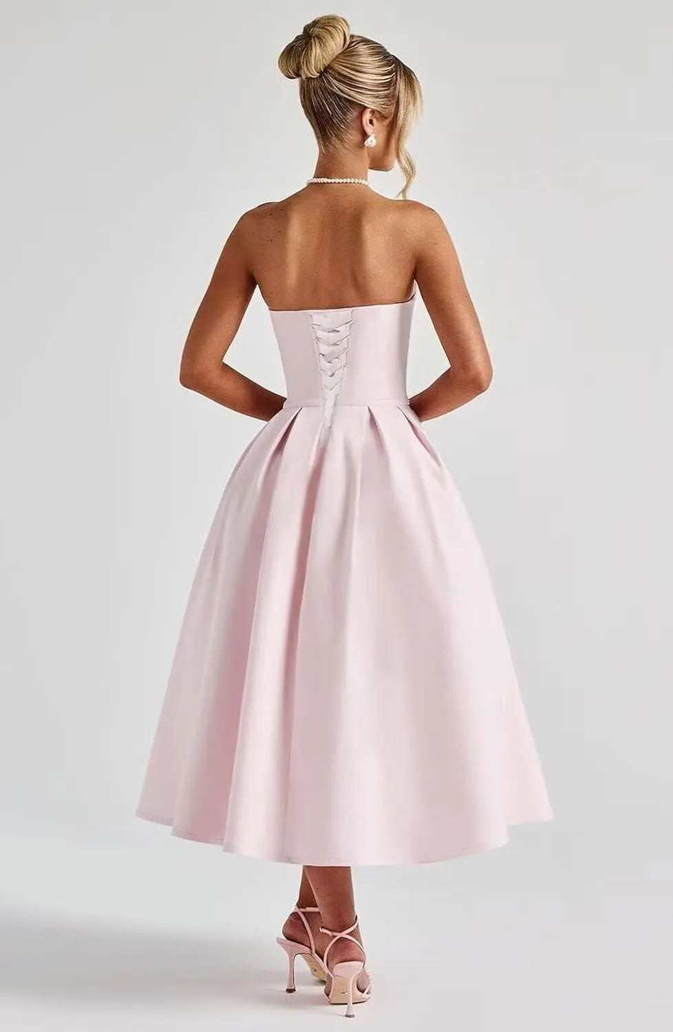 Tea Length Satin Prom Dresses 2025 Strapless Wedding Dress for Bride A Line Formal Evening Party Gown with Pockets