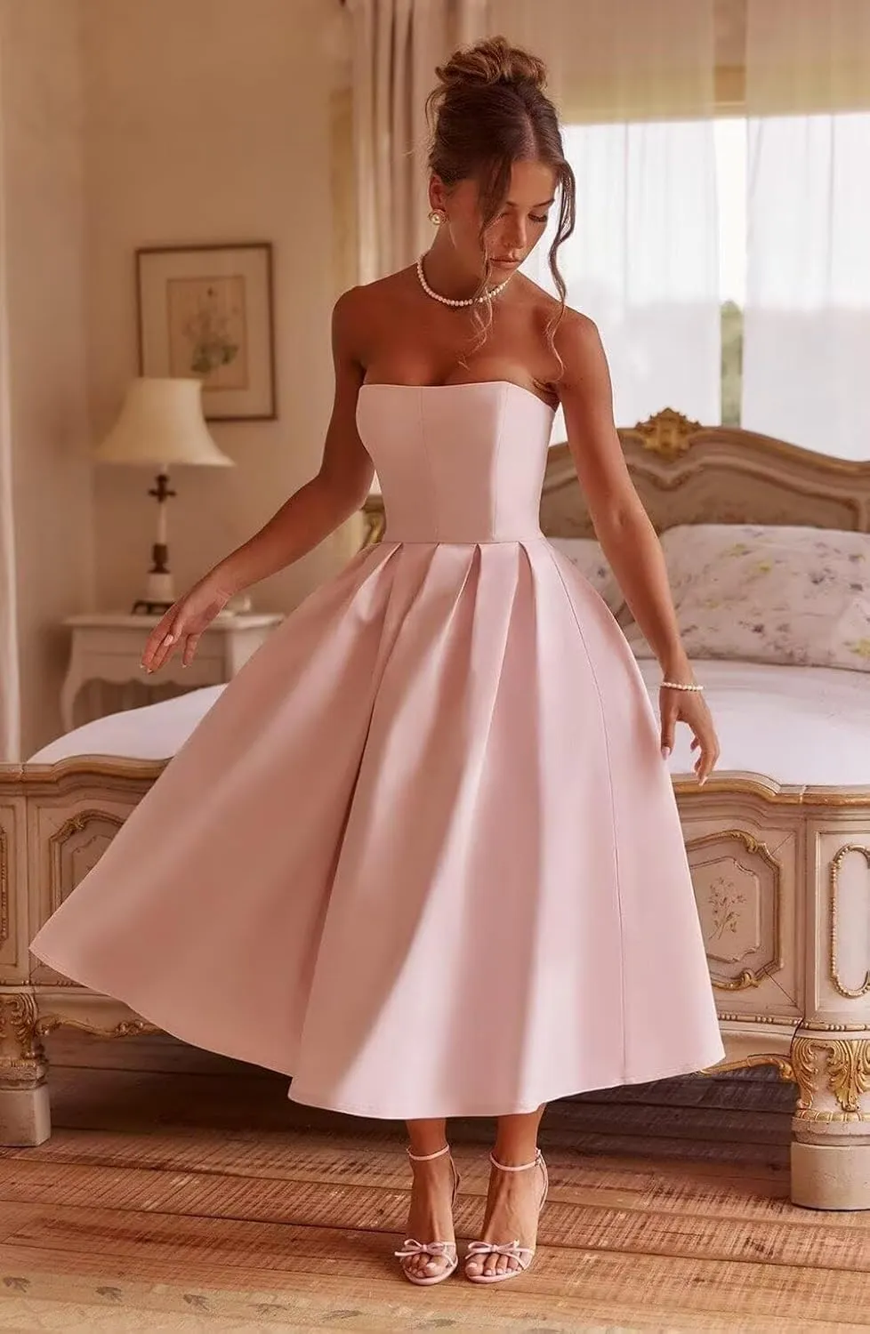 Tea Length Satin Prom Dresses 2025 Strapless Wedding Dress for Bride A Line Formal Evening Party Gown with Pockets