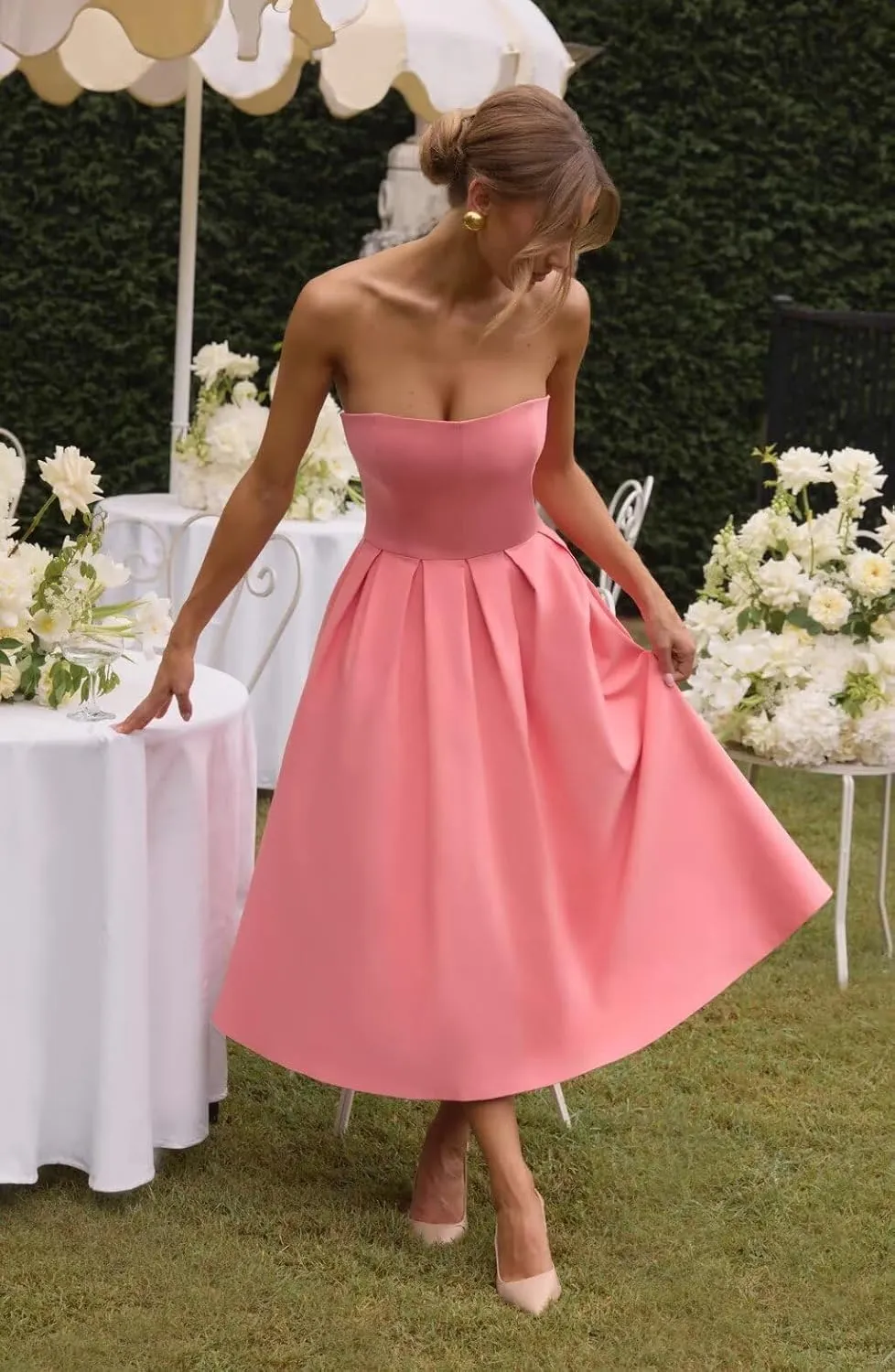 Tea Length Satin Prom Dresses 2025 Strapless Wedding Dress for Bride A Line Formal Evening Party Gown with Pockets