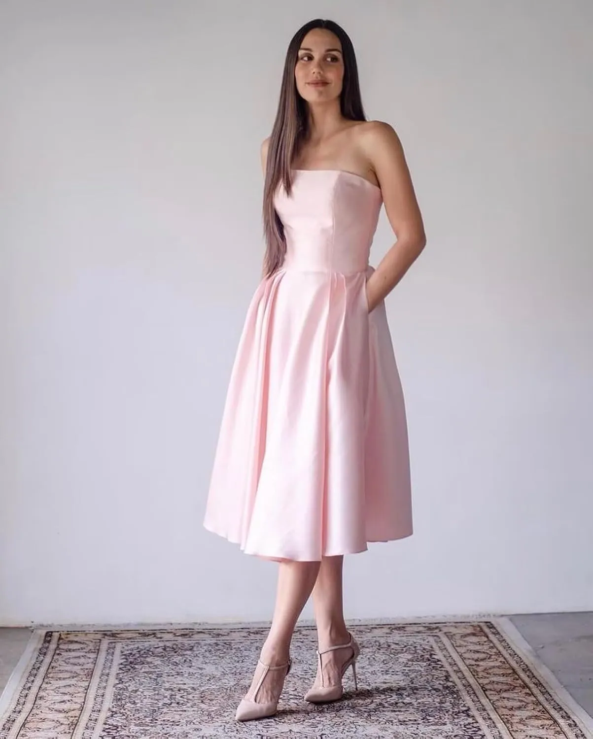 Tea Length Satin Prom Dresses 2025 Strapless Wedding Dress for Bride A Line Formal Evening Party Gown with Pockets