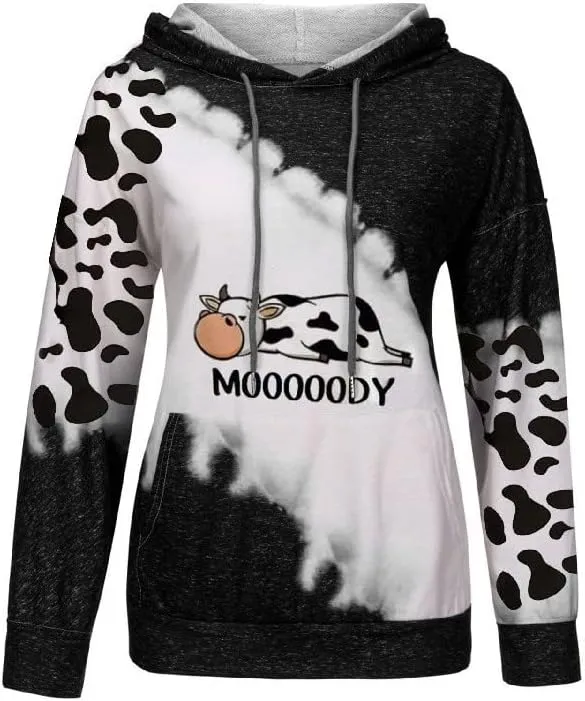 TIAFORD Women's Cute Cow Pullover Hoodies Casual Cow Print Long Sleeve Western Country Sweatshirt Top with Pocket