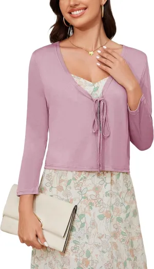 Tie Front Cropped Cardigan Sweaters for Women 3/4 Sleeve Lightweight Open Front Knit Shrug Top for Dress