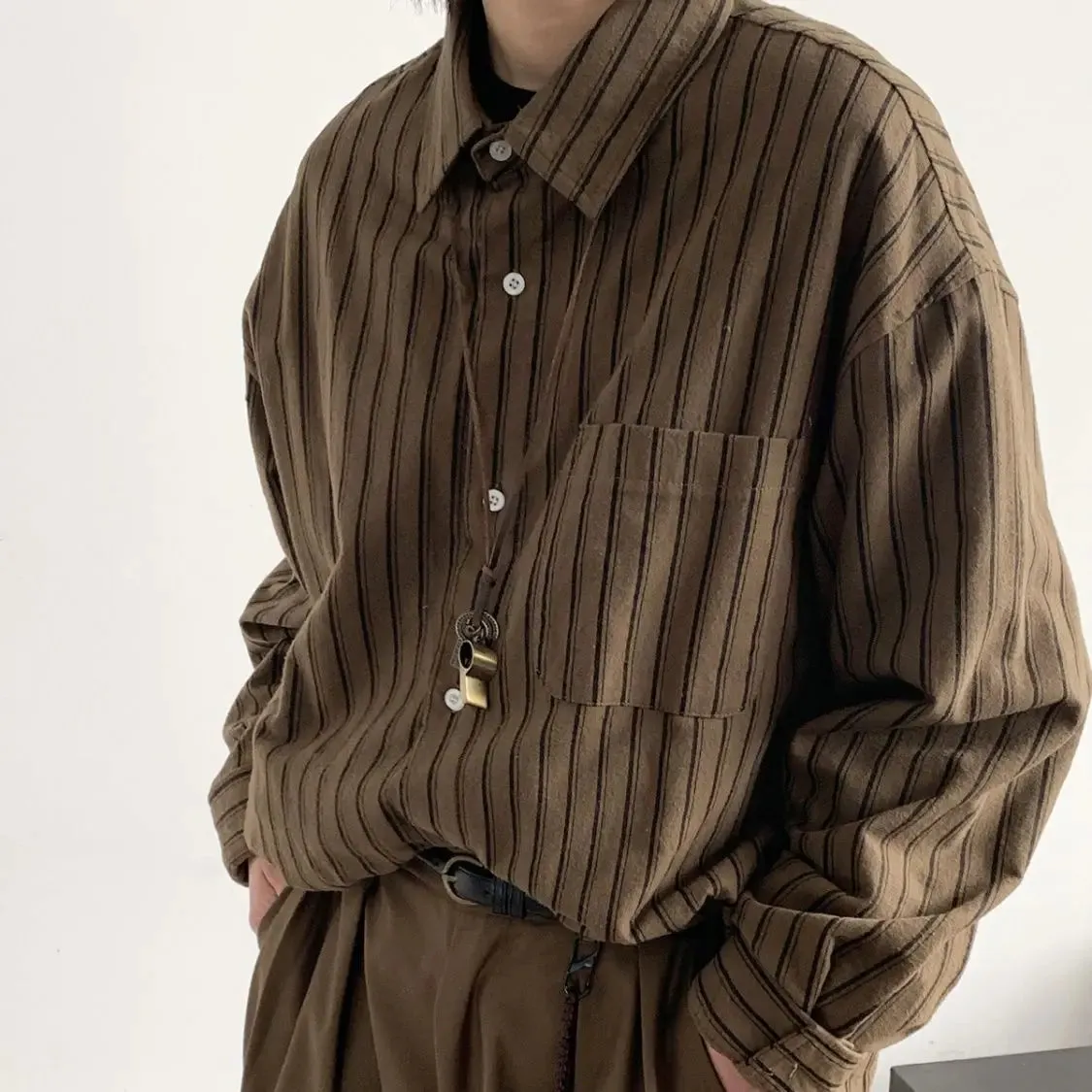 TOLEET-Spring Japanese Retro Brown Striped Shirts for Men and Women Loose Long-sleeved Pocket Button Lapels Casual Men Shirt Jackets