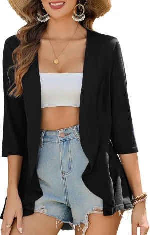 Totatuit Womens 3/4 Sleeve Lightweight Cardigan Open Front Kimono Summer Ruffle Loose Cardigans