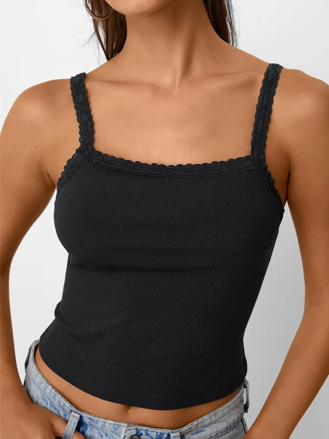 Trendy Queen Camisole Lace Tops for Women Spaghetti Strap Going Out Y2K Summer Crop Tank Top Sleeveless Sexy Basic Shirts