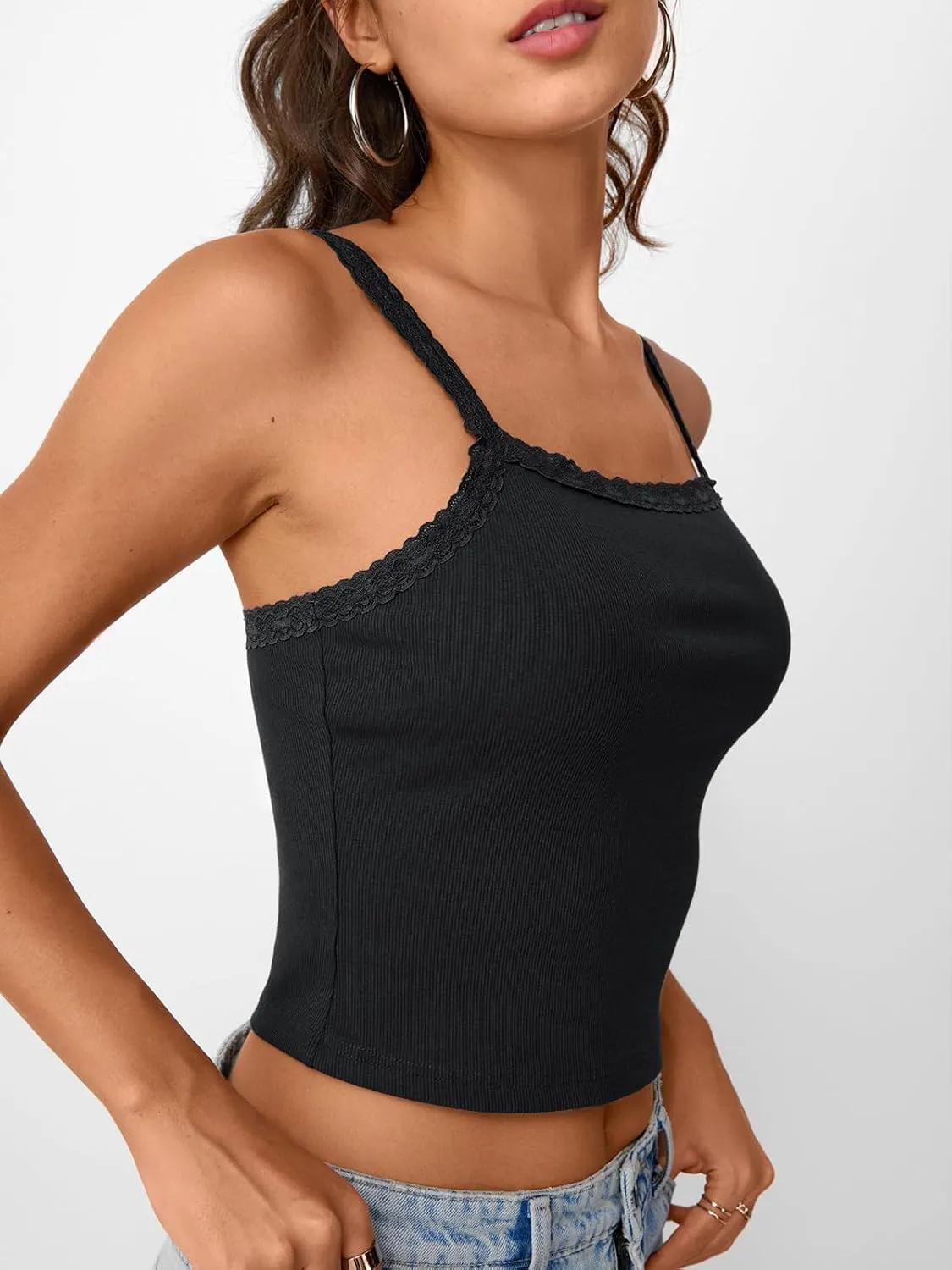 Trendy Queen Camisole Lace Tops for Women Spaghetti Strap Going Out Y2K Summer Crop Tank Top Sleeveless Sexy Basic Shirts