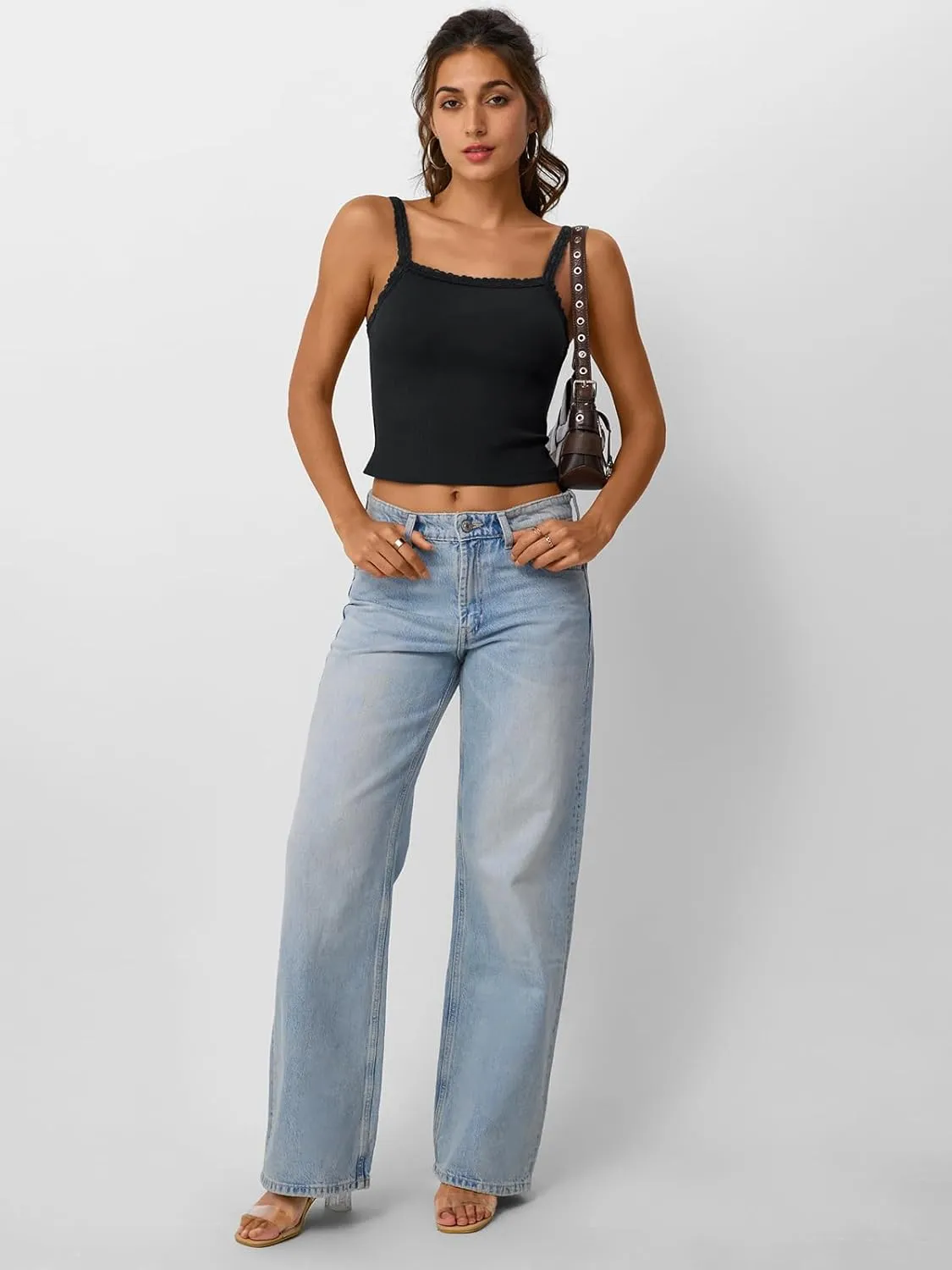 Trendy Queen Camisole Lace Tops for Women Spaghetti Strap Going Out Y2K Summer Crop Tank Top Sleeveless Sexy Basic Shirts