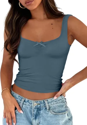 Trendy Queen Going Out Tops for Women Y2k Summer Teen Girls Cute Crop Tank Top Square Neck Basci Bow Clothes 2025 Camisole