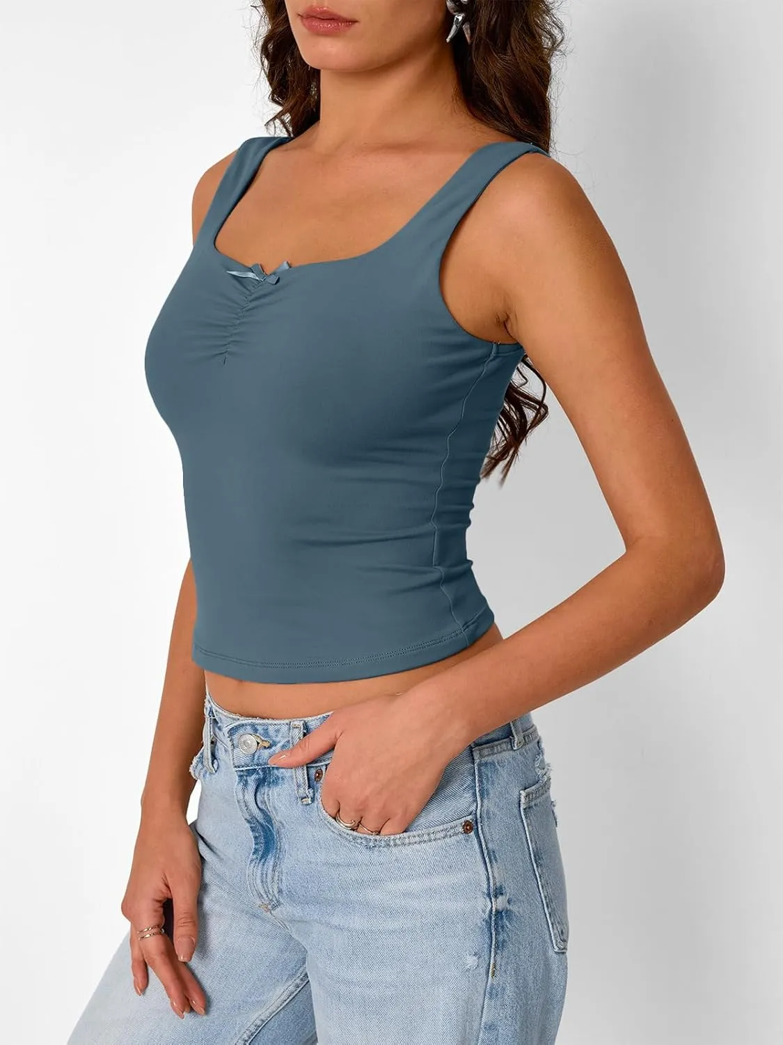 Trendy Queen Going Out Tops for Women Y2k Summer Teen Girls Cute Crop Tank Top Square Neck Basci Bow Clothes 2025 Camisole