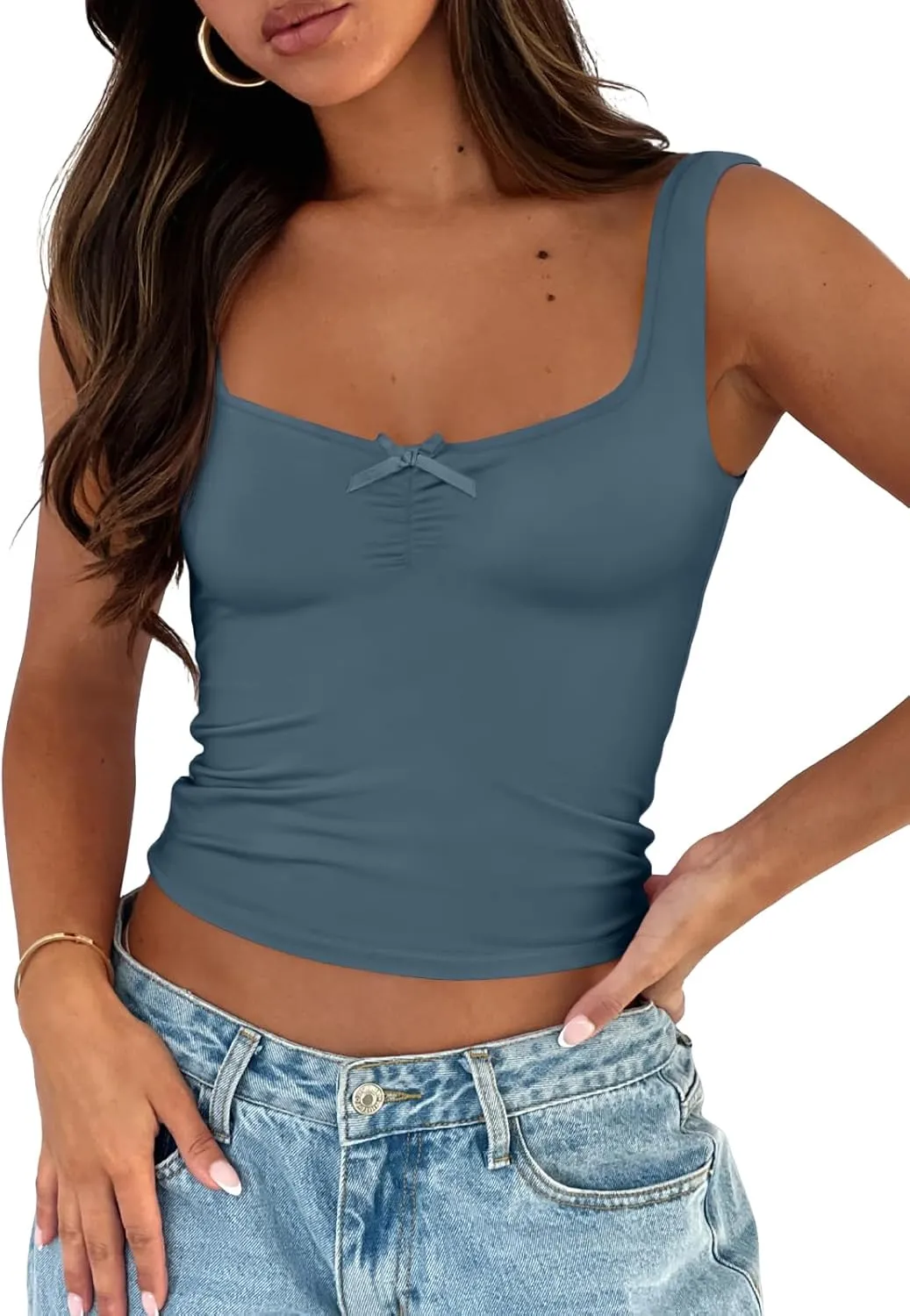 Trendy Queen Going Out Tops for Women Y2k Summer Teen Girls Cute Crop Tank Top Square Neck Basci Bow Clothes 2025 Camisole